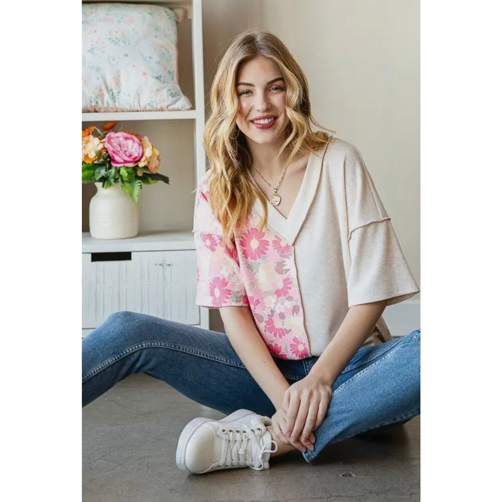 Solid and Floral Top-Peach - Picture 9 of 11